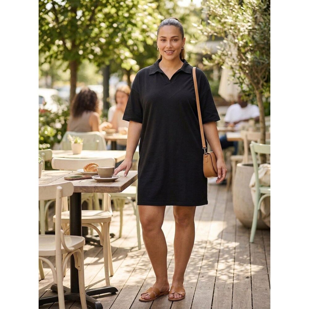 Womens Black Short Sleeve Polo V-Neck Mini T-Shirt Dress Relaxed Fit
